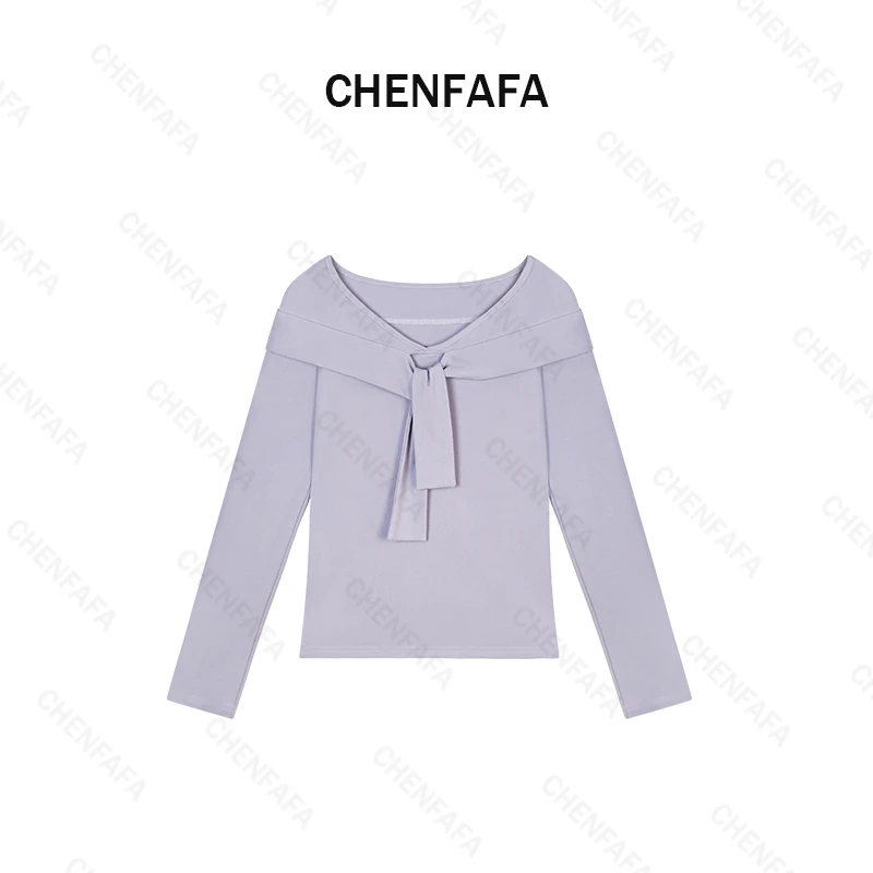 【领结一字领长袖T恤女春款设计款上衣气质修身打底衫 ZB-S-12】