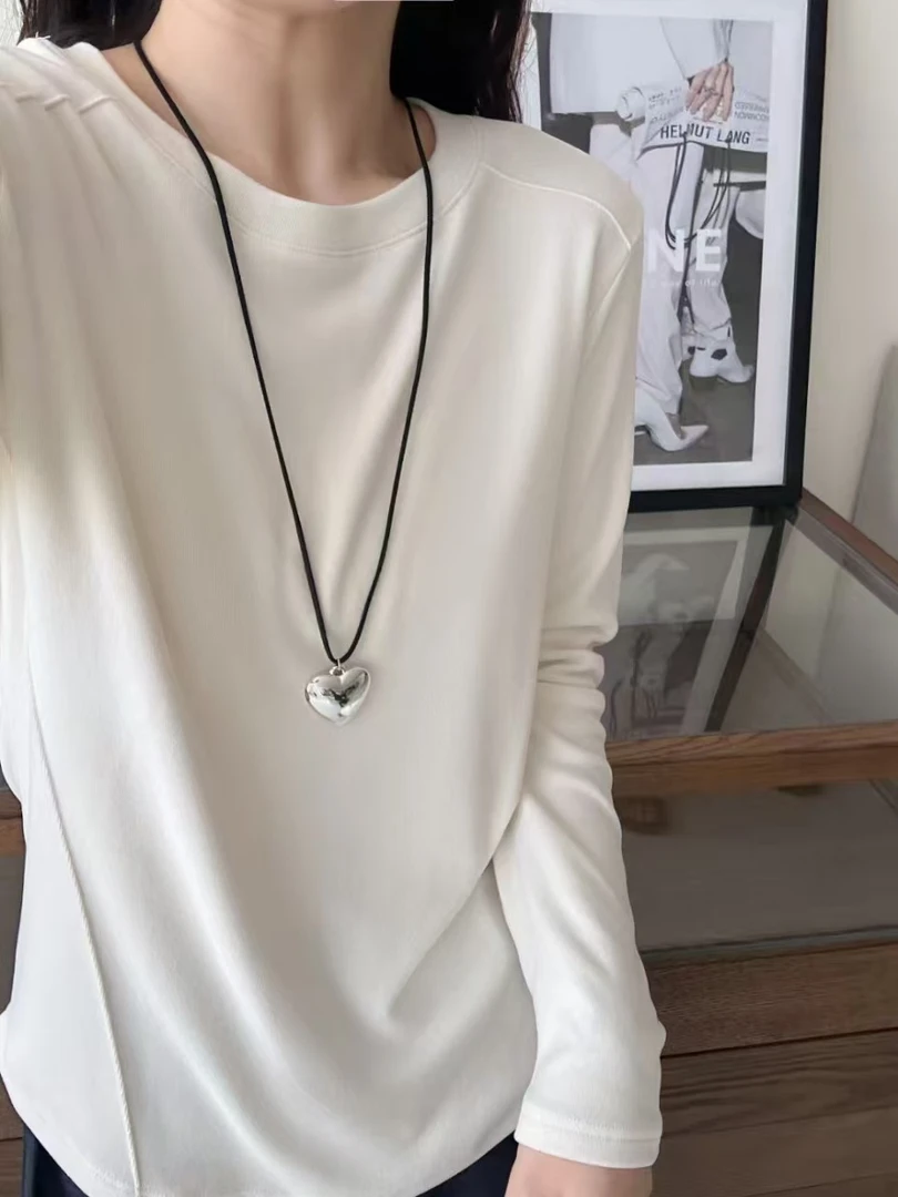 【茶芙巷】早秋衣新款慕斯绒鱼骨拼接圆领长袖打底衫衣服小众【YJL】