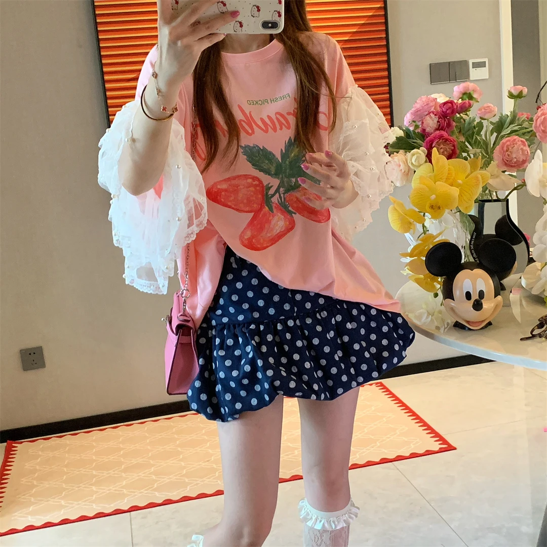 JENNIFER JXLIU 甜美少女心粉红色草莓印花荷叶边钉珠袖子宽松T恤