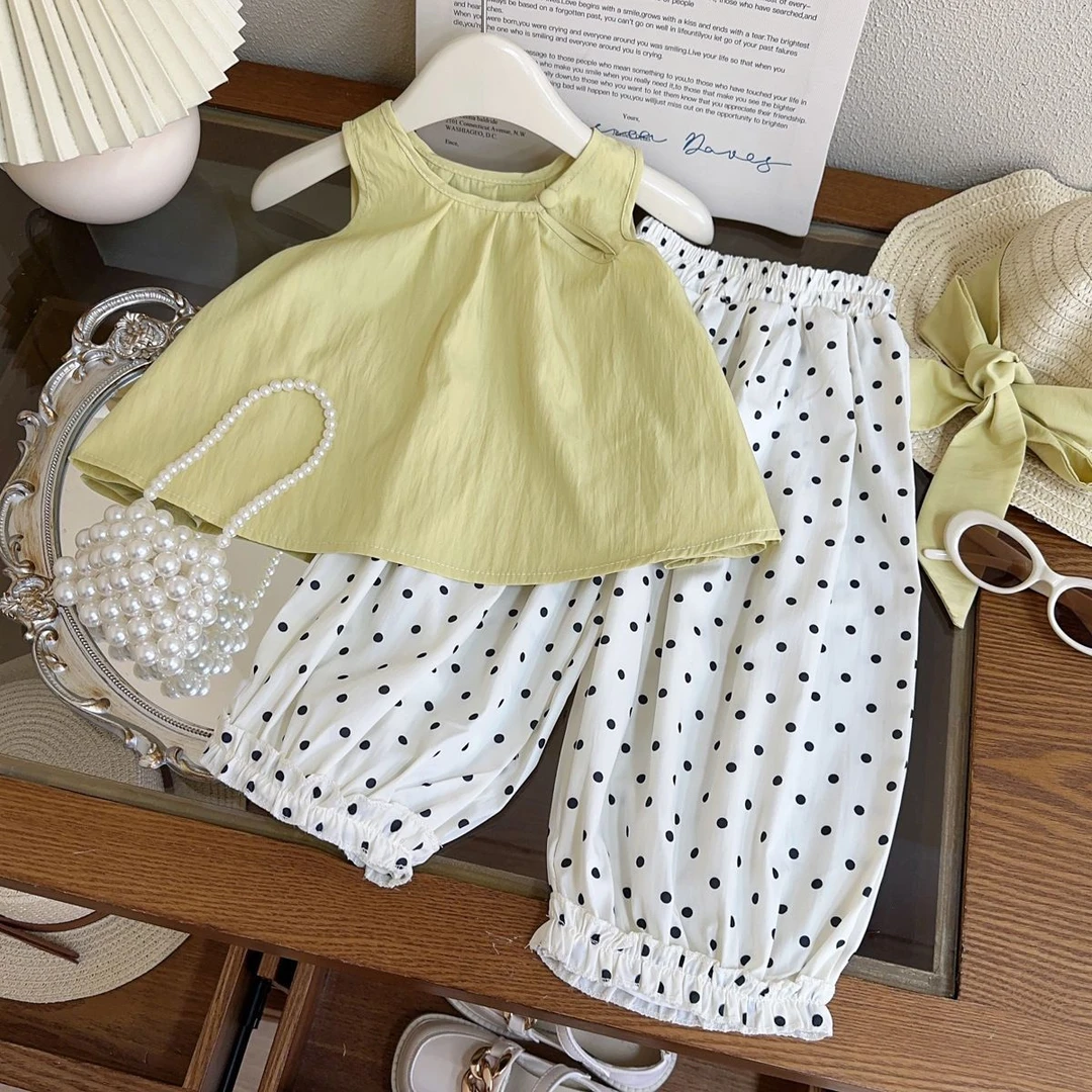 新品2025夏季女童韩系套新款背心+圆点灯笼裤爆款两件套*送帽子