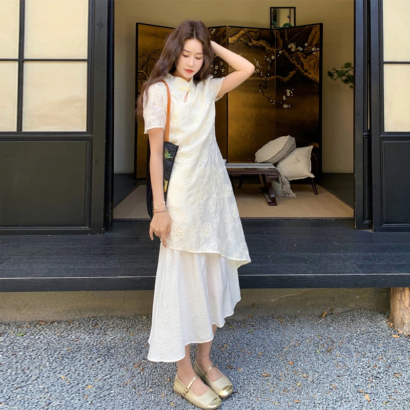 YIRAN/奕冉新中式改良旗袍连衣裙女2025夏新款收腰显瘦假两件裙子