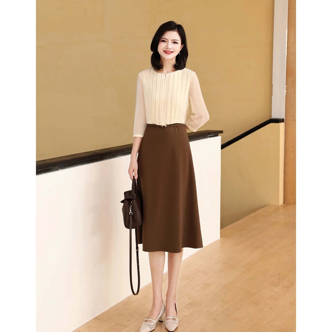 【假两件连衣裙】阿楠anan气质收腰压褶拼接女夏季七分袖中长连衣裙