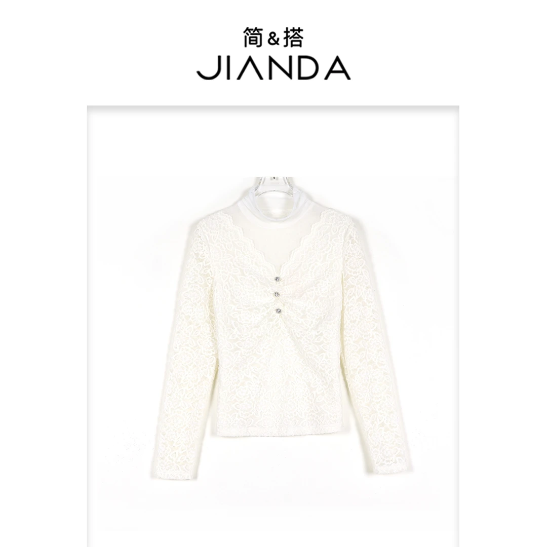 简&搭【千屿Sheila】半高领植绒蕾丝上衣253-SY/1024-3102237