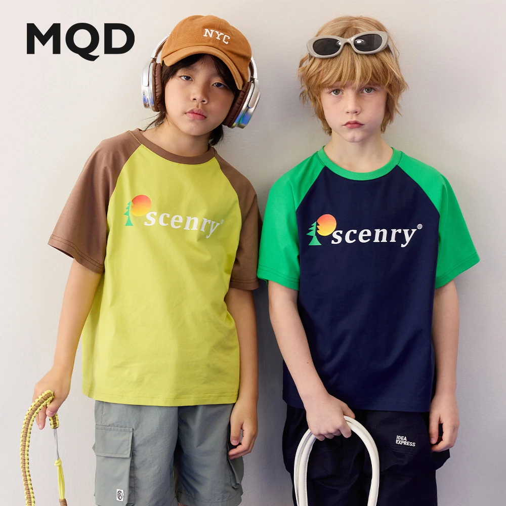 MQD马骑顿儿童短袖男童女童运动休闲夏季中大童圆领撞色宽松时尚