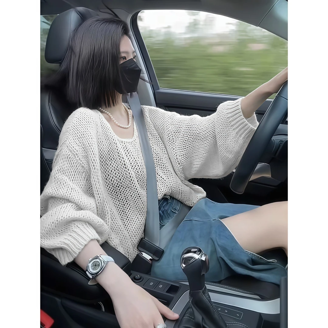 温柔软糯镂空针织衫女春夏季新款慵懒韩版穿搭宽松毛衣罩衫上衣潮