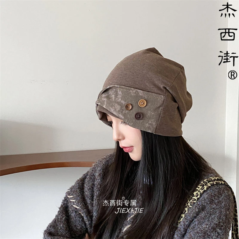 日系纽扣复古废土风堆堆帽女 小众百搭冷帽大头围显脸小包头帽子