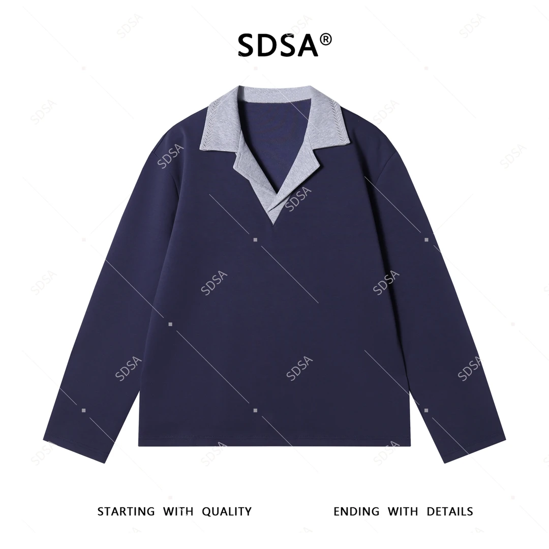 SDSA男士秋冬新款轻奢痞帅男装简约拼色翻领长袖T恤百搭时尚上衣
