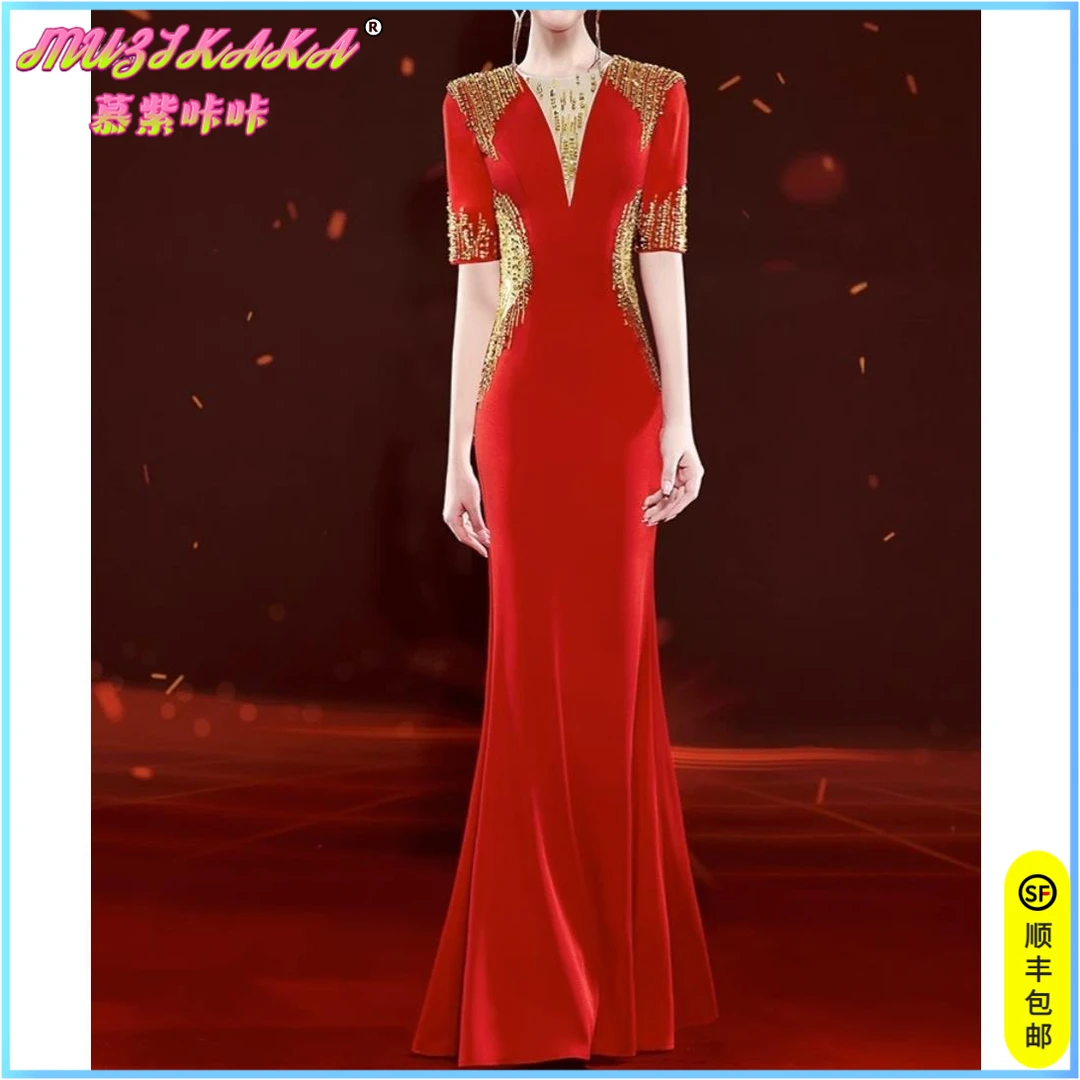 2025新款女士夏季大红色高档华丽轻奢晚宴酒会晚礼服彰显优雅大气