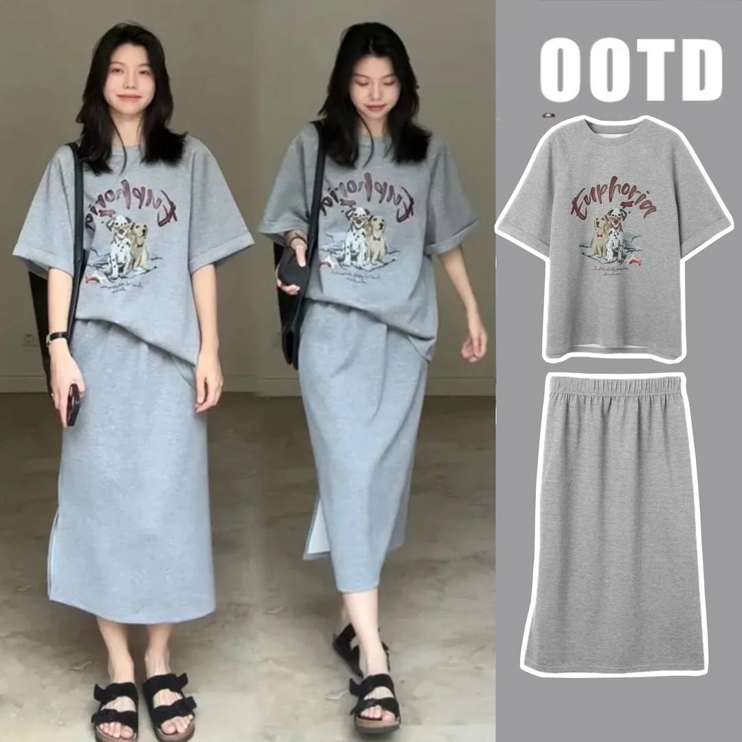 R585#【小V家设计】夏季新款慵懒风美式印花休闲T恤+半身裙套装