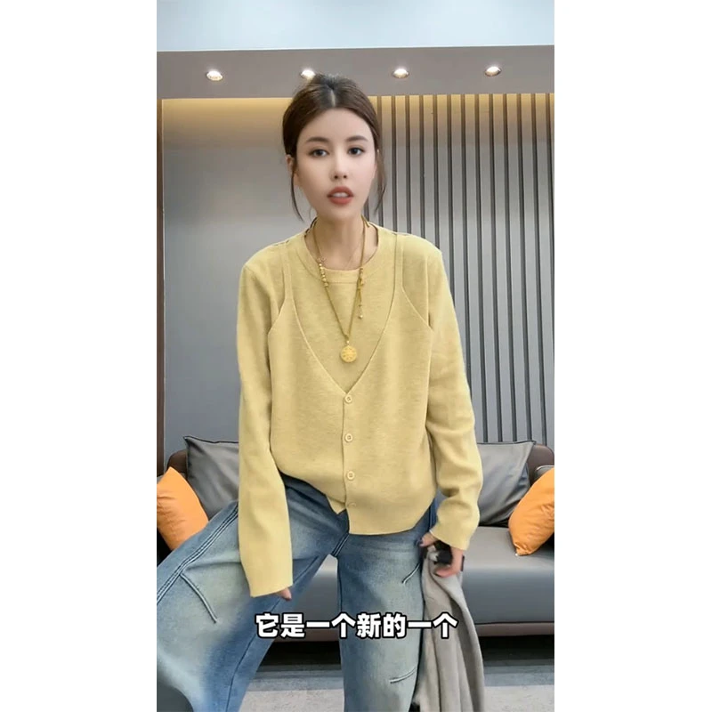 欧货冬季新款针织假两件洋气减龄穿搭毛衣时尚休闲百搭大码显瘦女