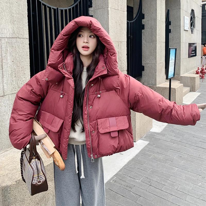 安哥拉红羽绒服女短款2025年新款冬季加厚小个子白鸭绒面包服外套