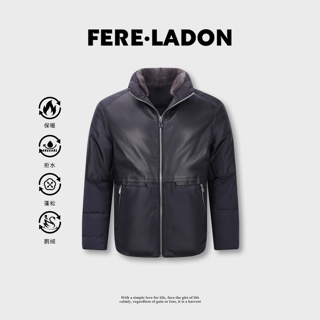 【水貂毛皮/85鹅绒服】男士休闲翻领绵羊皮拼接保暖羽绒服-857800