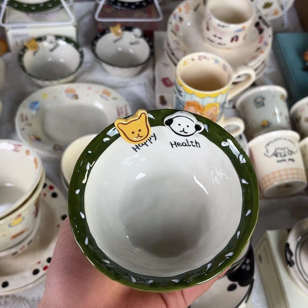 陶绿色纽扣小狗米饭碗