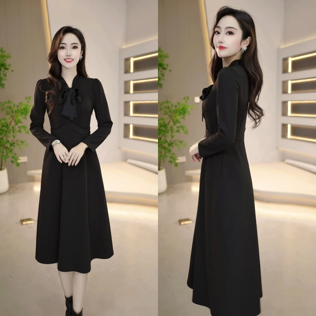 2025冬新款时尚气质遮肚显瘦优雅大气高级感黑色轻奢连衣裙M-4XL