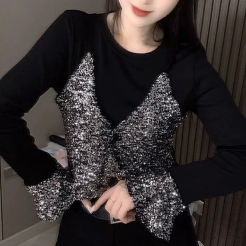 冬季2024新款保暖打底衫女气质假两件亮片百搭长袖减龄显瘦上衣服