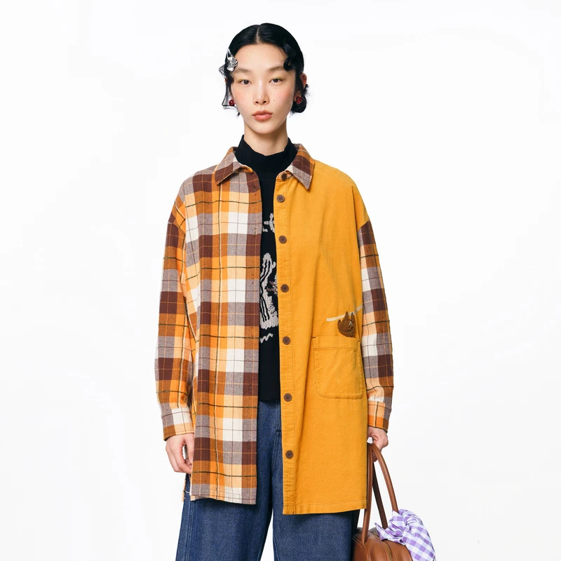 MOVEUP幻走2025秋季新款.FUN 树懒绣花格子中长款衬衫女3EWQ20495