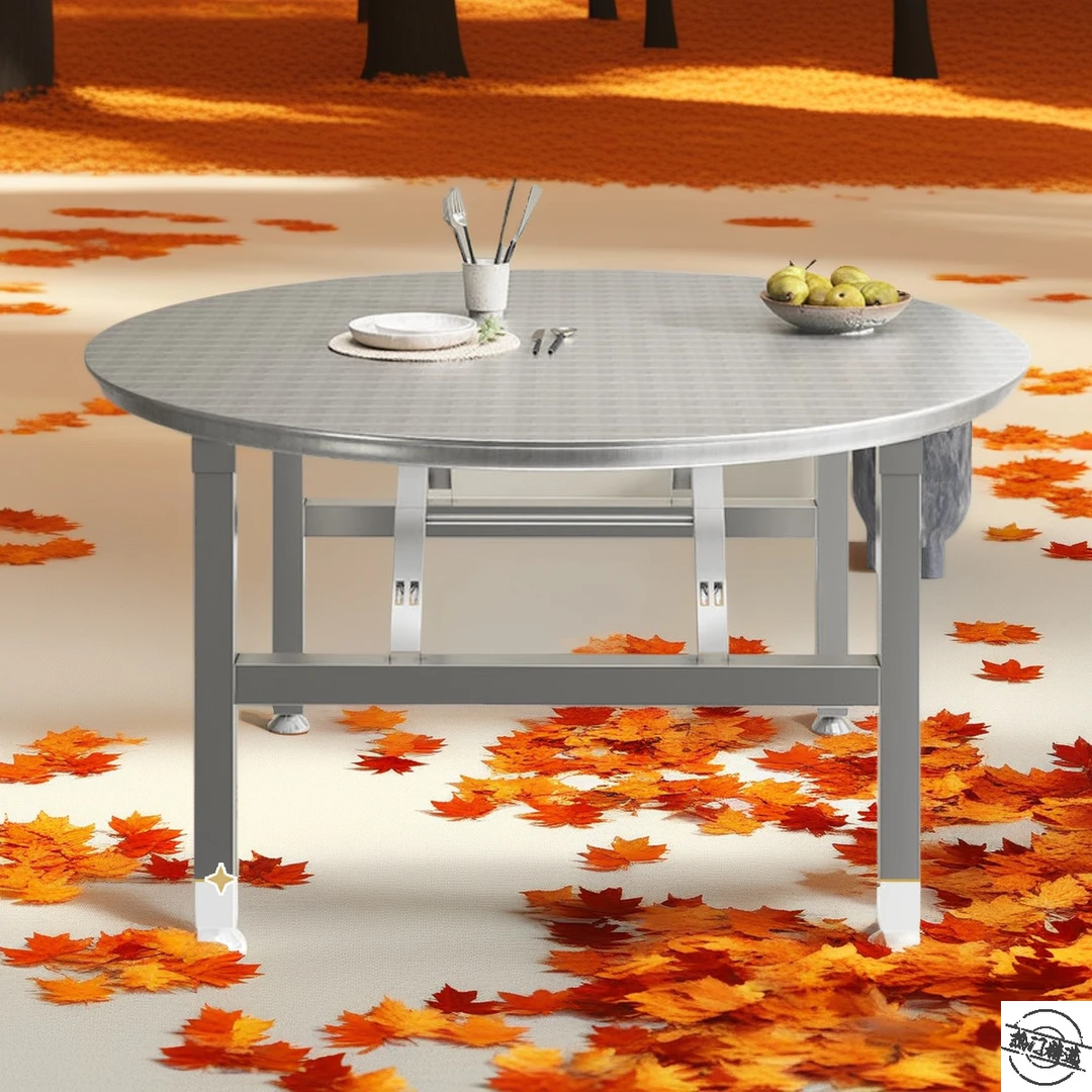 加厚折叠餐桌子夜宵大圆桌烧烤现代食堂桌厚实不锈钢铁艺餐桌