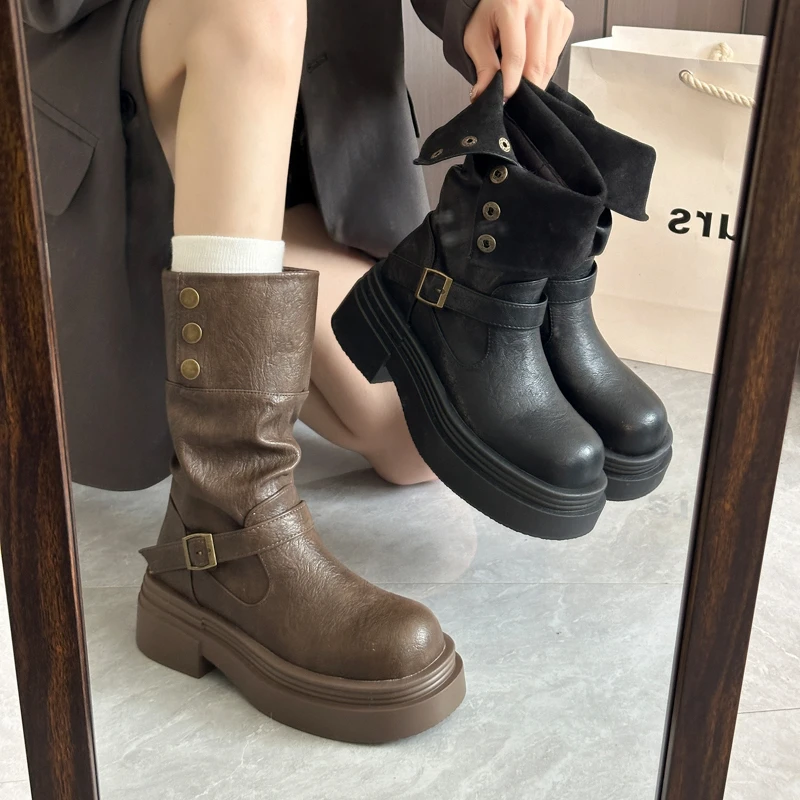 英伦风厚底马丁靴女秋冬新款中筒两穿短靴小个子堆堆靴防滑瘦瘦靴