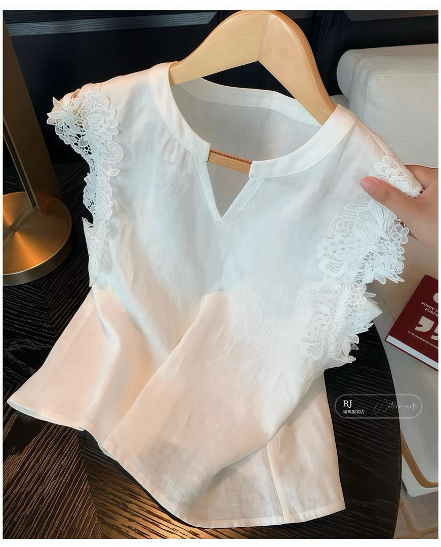 【RJ】夏季民族风女装白色镂空飞飞袖亚麻网红新款时尚洋气百搭女装