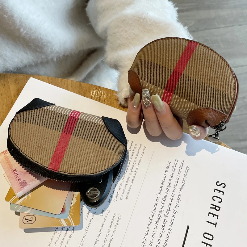高级感真皮拼帆布贝壳格子零钱包女法式奢华拉链小钱包便携硬币包