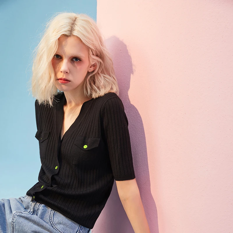 【朱迪专属】洲升/CHAURISING百搭时尚V领修身纯色短袖 208886-1