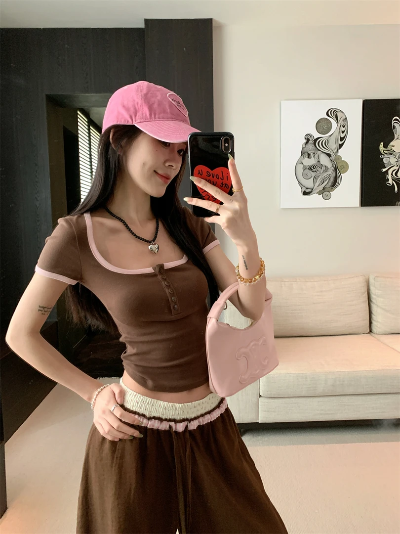 美式性感辣妹撞色方领短袖t恤女夏季纯欲bm风修身显瘦设计感上衣