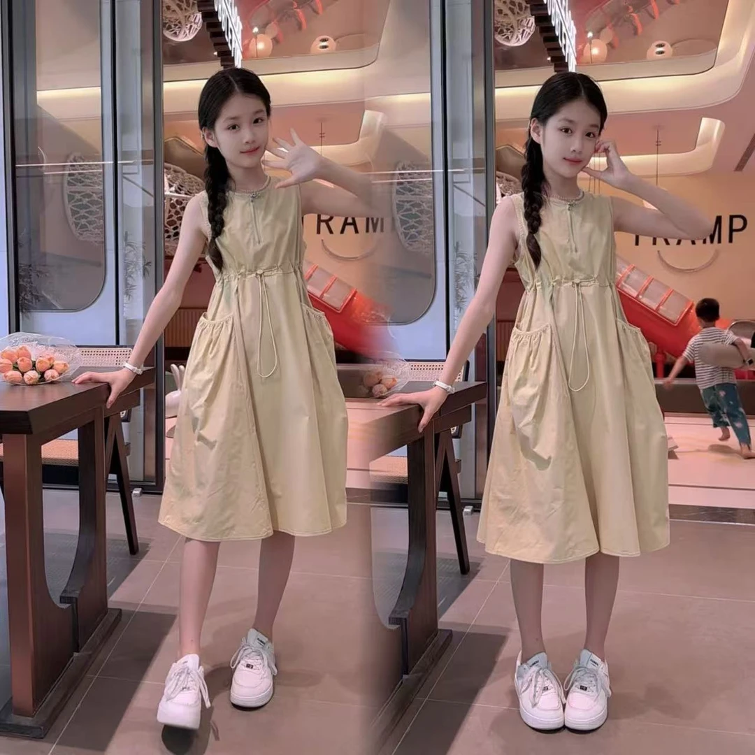 女童连衣裙夏季2025新款大童洋气时尚无袖背心裙子女孩公主裙夏装