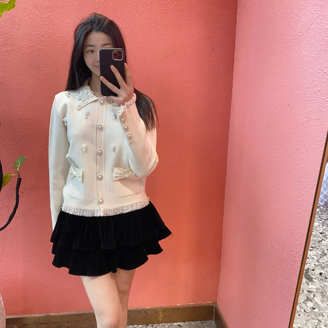 （默茗服装）重工珍珠吊坠小香开衫