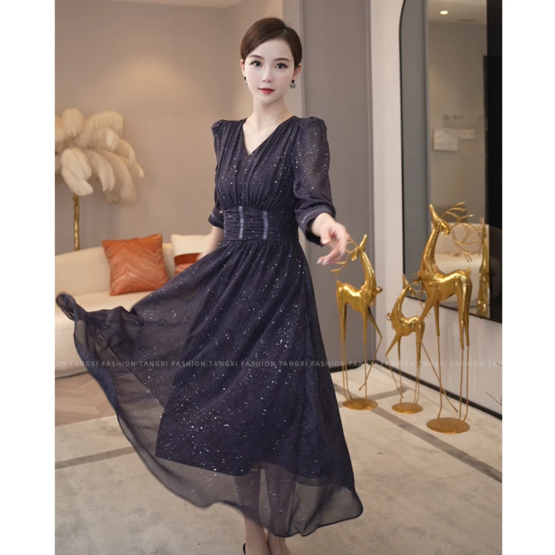 2025夏季新款【LT-1071】V领收腰显瘦中长款法式小众茶歇紫色连衣裙