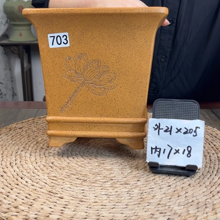 紫砂花盆柴烧刻绘双线高四方703