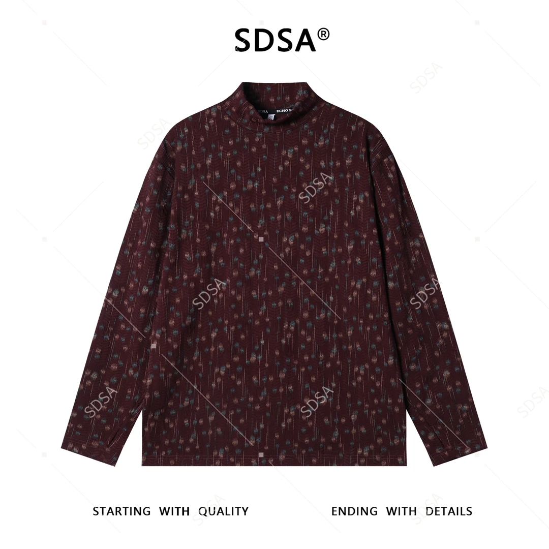 SDSA男士秋冬新款痞帅男装韩版撞色花卉半高领长袖T恤百搭复古潮