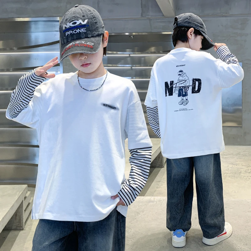 男童春秋洋气假两件T恤2025新款大童秋装字母打底衫儿童休闲上衣