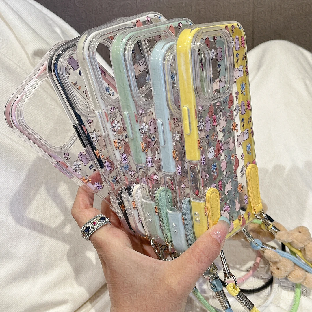 ins碎花兔子手绳适用苹果16promax手机壳15pro新款14女13/12/11