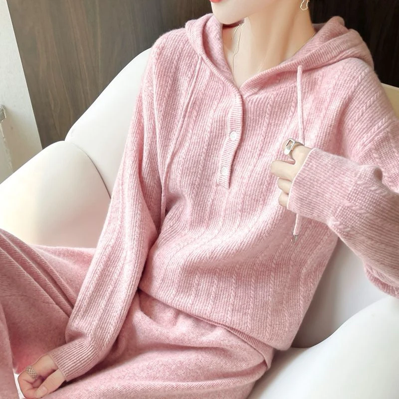 100%羊毛衫连帽宽松麻花针织卫衣套装+羊毛阔腿裤休闲两件套2529