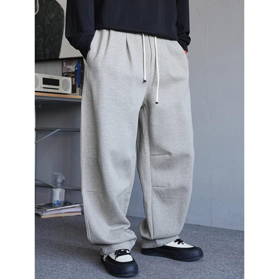 秋季美式休闲痞帅重磅灰色针织卫裤男直筒宽松抽绳百搭阔腿长裤潮