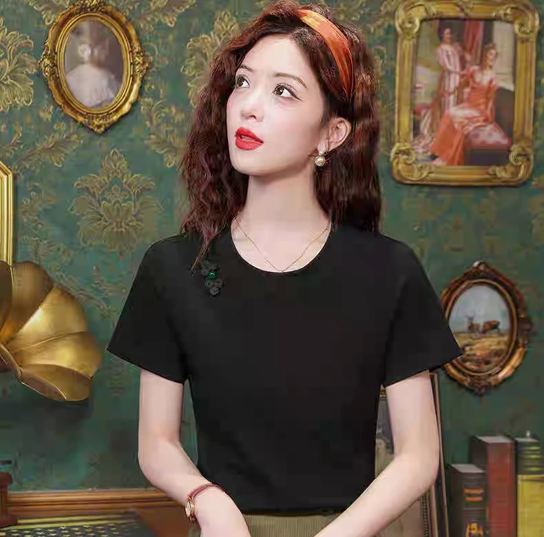 新中式T恤圆盘扣直筒型纯色拼接夏装圆领常规显瘦芭蕾风短袖