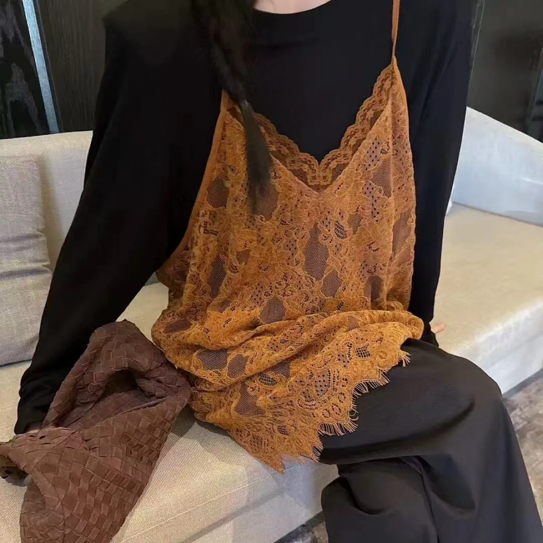 韩国东大门新款韩系ins风蕾丝叠穿吊带+长袖T恤两件套