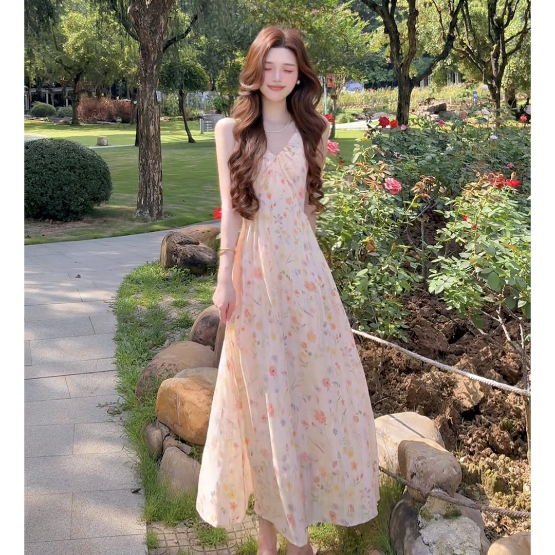 【有口袋】法式茶歇碎花吊带连衣裙女夏季新款收腰显瘦长款裙子7007