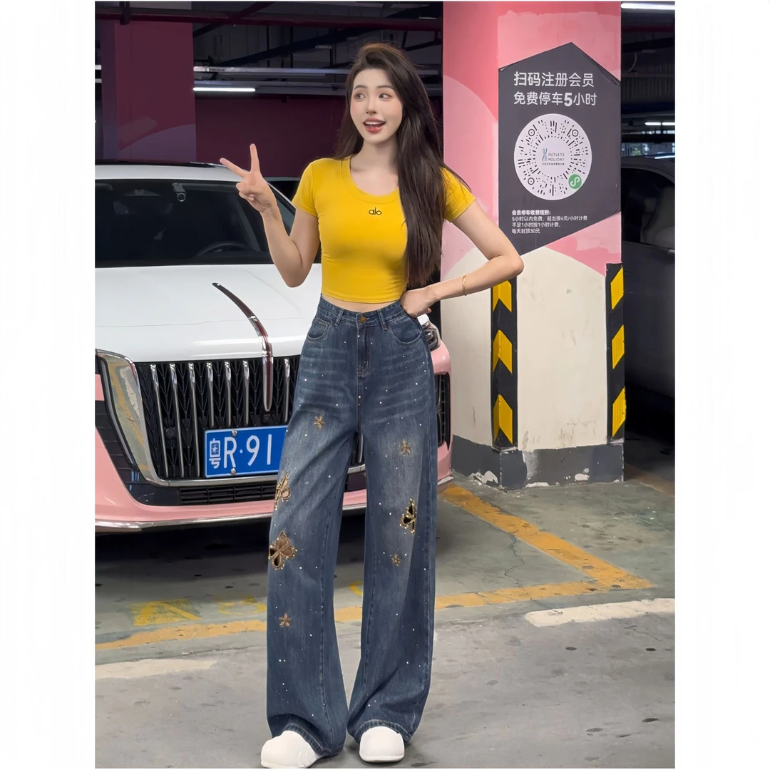 W172夏季薄款牛仔裤女2025设计感刺绣烫钻高腰显瘦窄版阔腿裤长裤