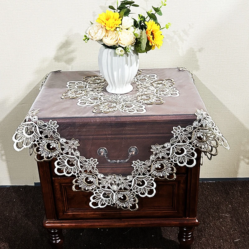 蕾丝床头柜盖巾浅咖双花网纱83*83cm-2件防尘罩立式圆柱空调盖巾