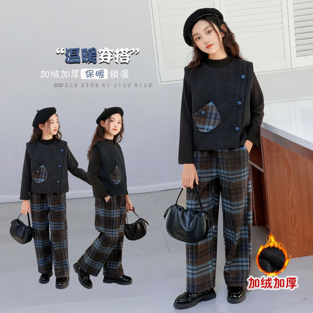 【现货】加绒三件套中大女童深秋格纹时尚加厚套装Q24298