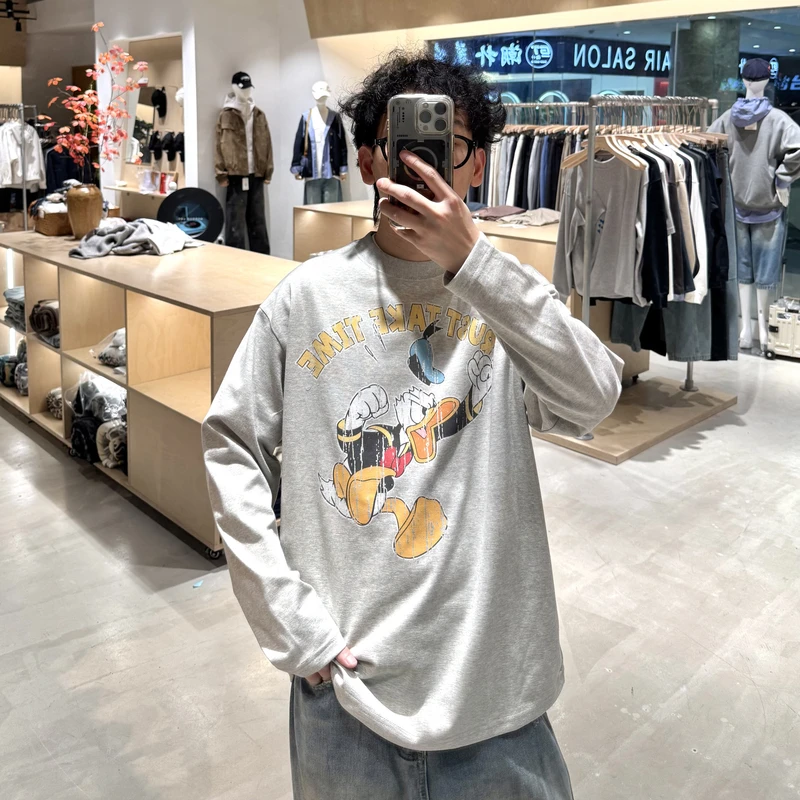 鸭子数码印花长袖T恤打底上衣日系潮流中性风男女同款 LF25303