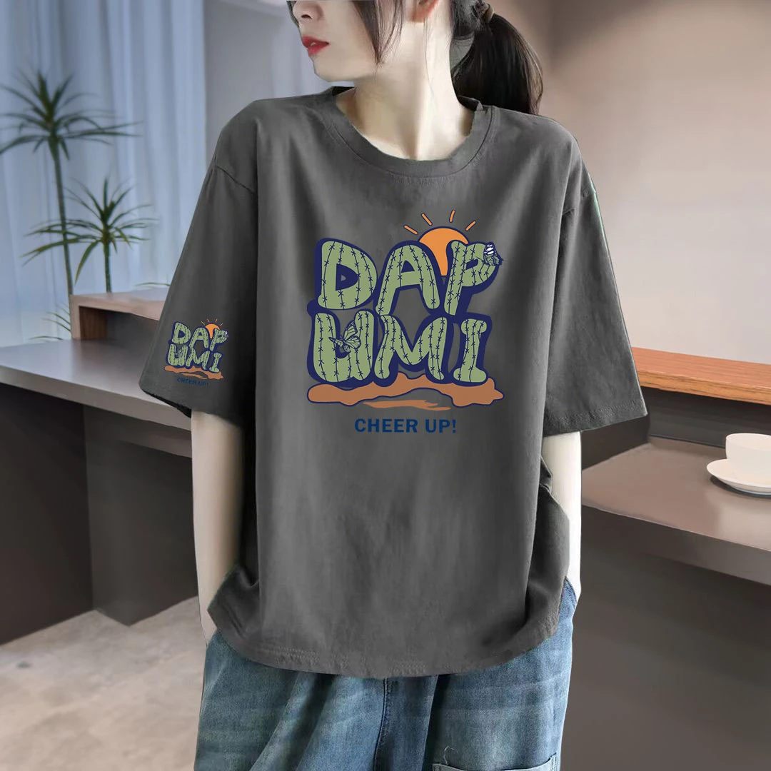 字母印花圆领短袖t恤韩版女夏季装2025新款宽松显瘦气质上衣女夏