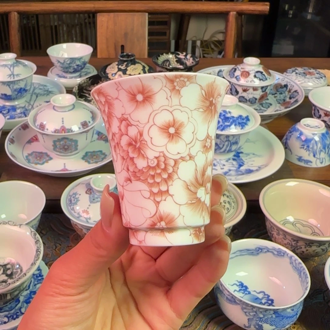 重工釉下红万花闻香杯纯手绘