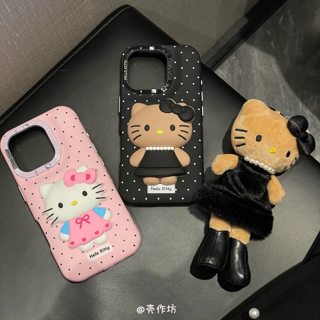 小香风波点粉裙珍珠可爱kt猫咪iPhone17promax/16/15手机壳保护套