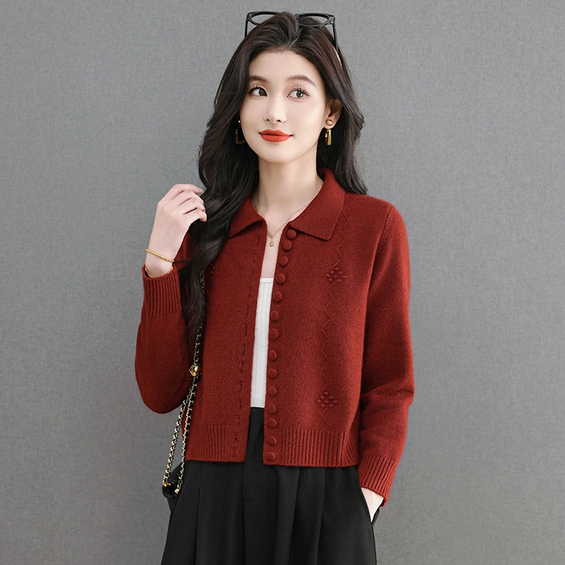 女士针织衫开衫女小个子短款百搭毛衣外套翻领长袖春秋新款外披