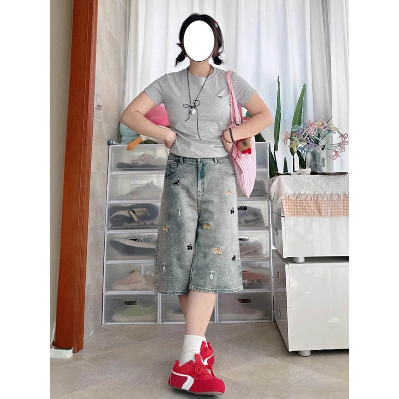 特大码复古小狗刺绣牛仔短裤女夏季新款胖mm遮胯百搭阔腿七分裤潮