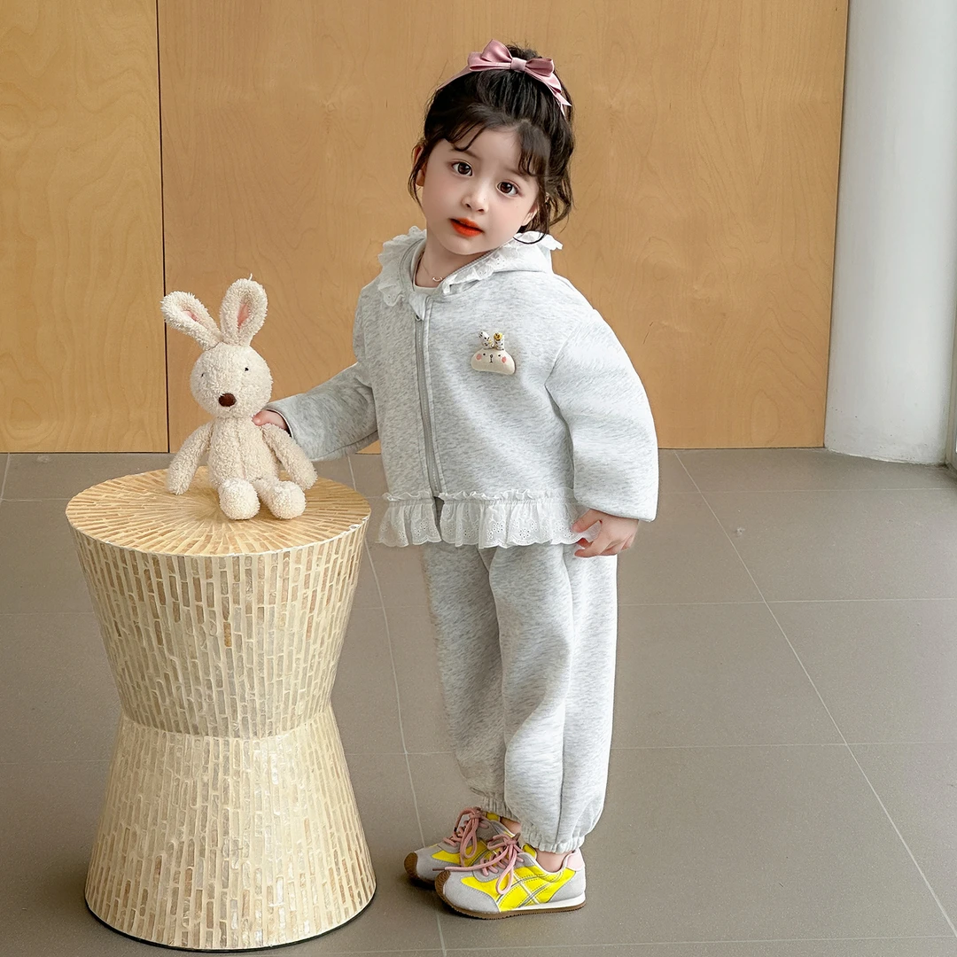 女童秋季2025新款洋气时尚休闲百搭儿童花边连帽拉链休闲风套装