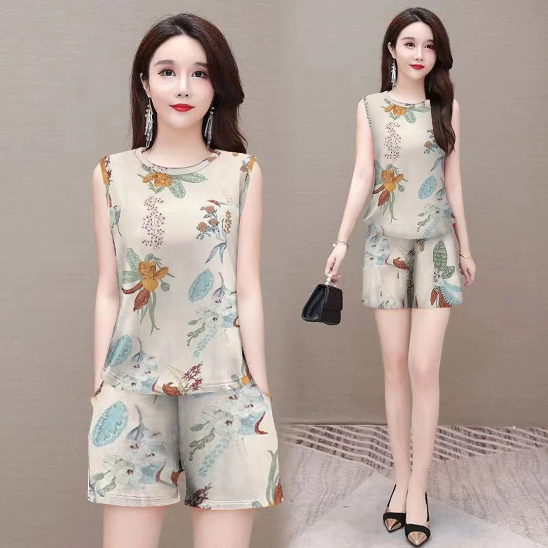 新款休闲运动套装无袖中老年妈妈装洋气时尚阔腿裤两件套冰丝背心