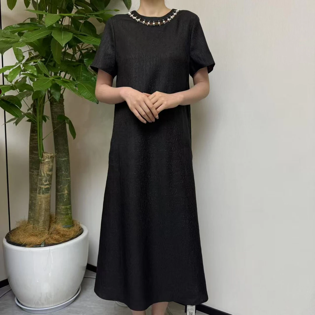 【子一专属】桑蚕丝冠乐皱香云纱重工钉珠满萝莨纱绞萝赫本连衣裙